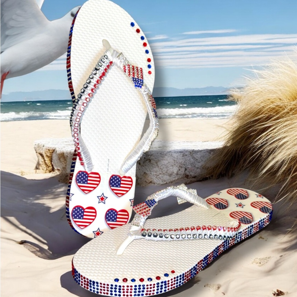 Flip Flops, Old Navy Sandals w/Rhinestone Crystals, American Flag, USA, 4th July